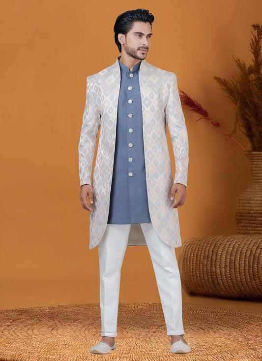 Jacquard Work Jacquard Silk Cream, Grey Indo Western - M8372