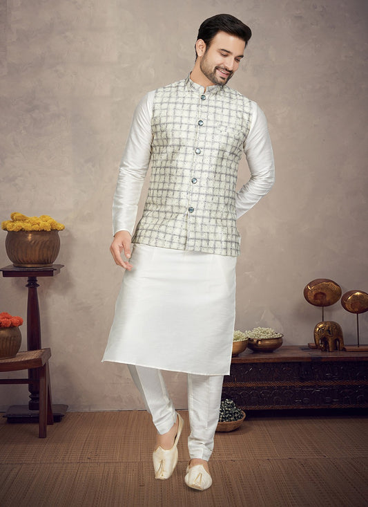 Digital Print Art Silk Cream, Lavender Kurta Payjama With Jacket - M5973