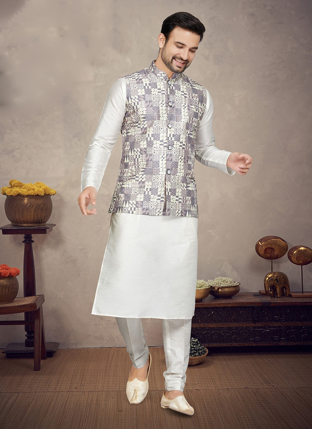 Digital Print Art Silk Cream, Lavender Kurta Payjama With Jacket - M5974
