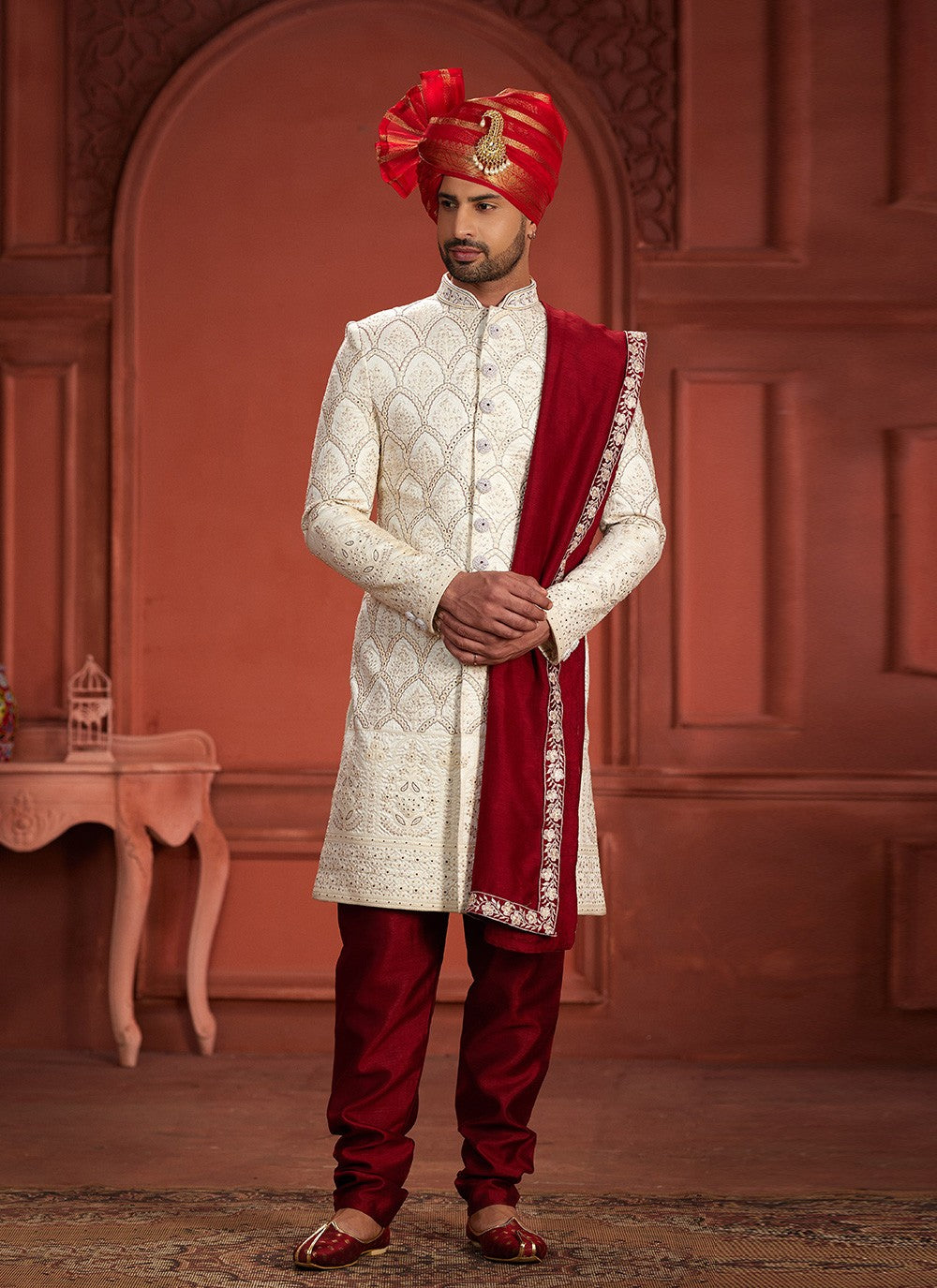 Embroidered Pure Silk Cream, Maroon Sherwani - M7390