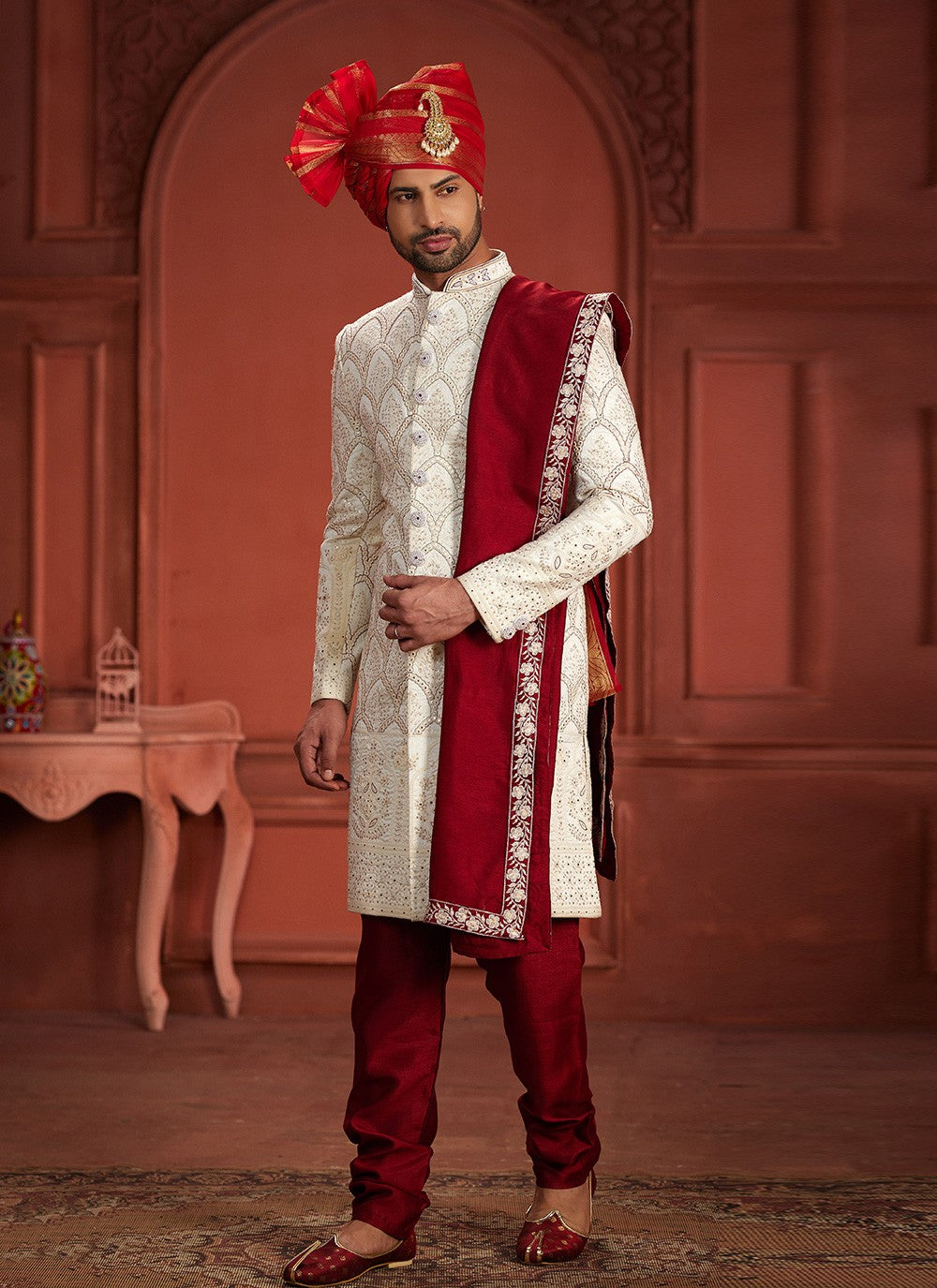Embroidered Pure Silk Cream, Maroon Sherwani - M7390