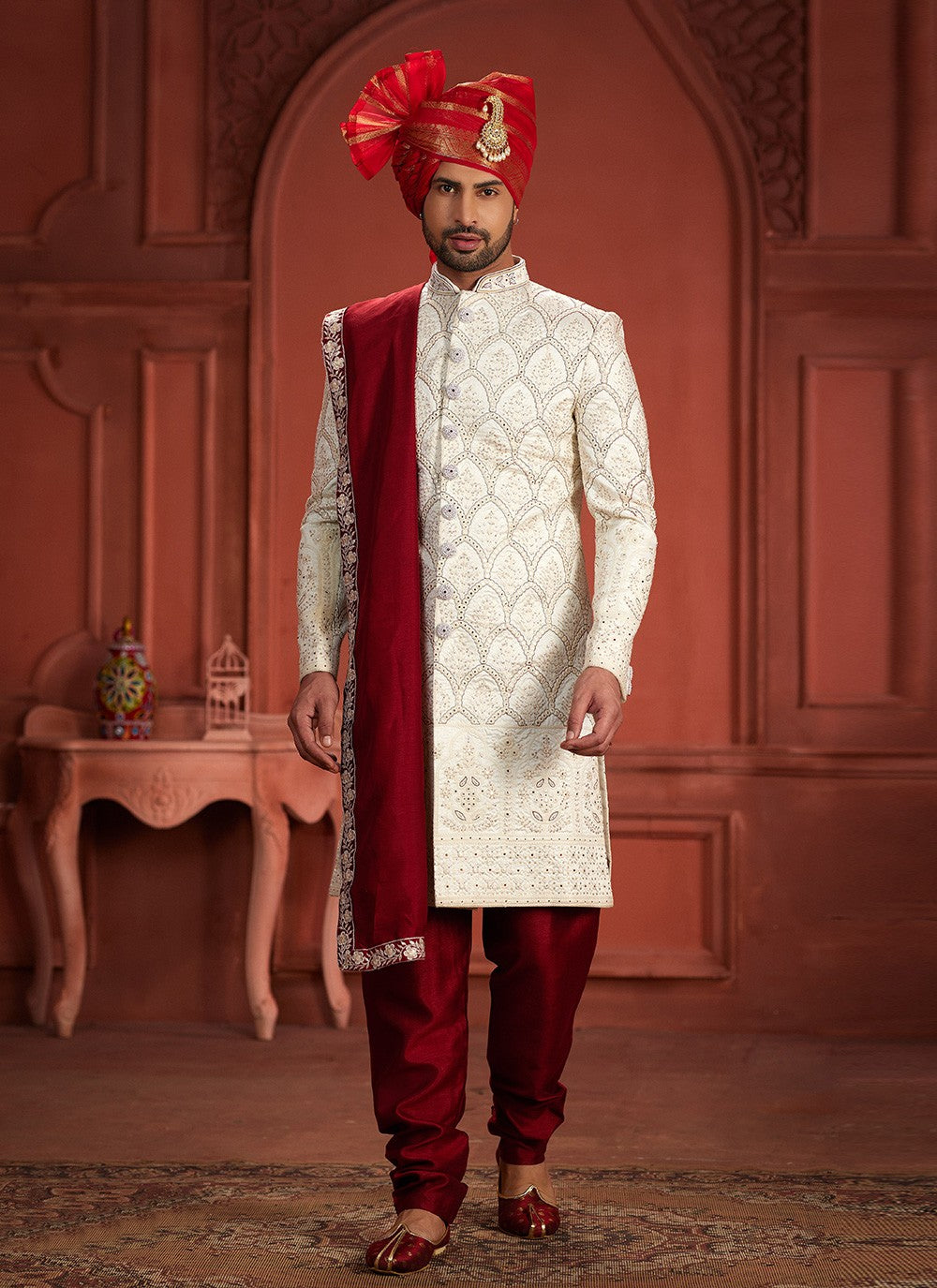 Embroidered Pure Silk Cream, Maroon Sherwani - M7390