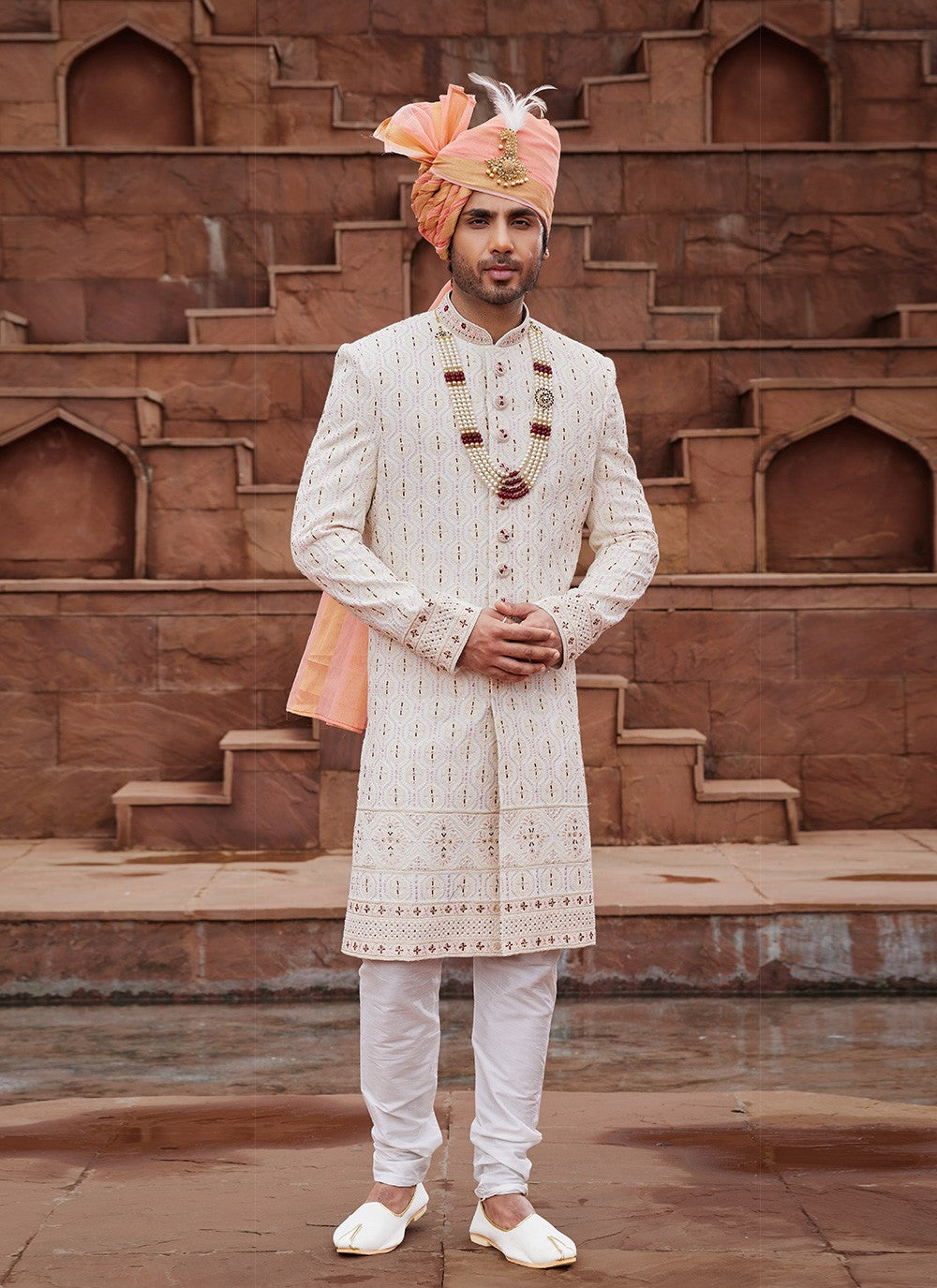Embroidered Art Silk Cream, Maroon Sherwani - M6507