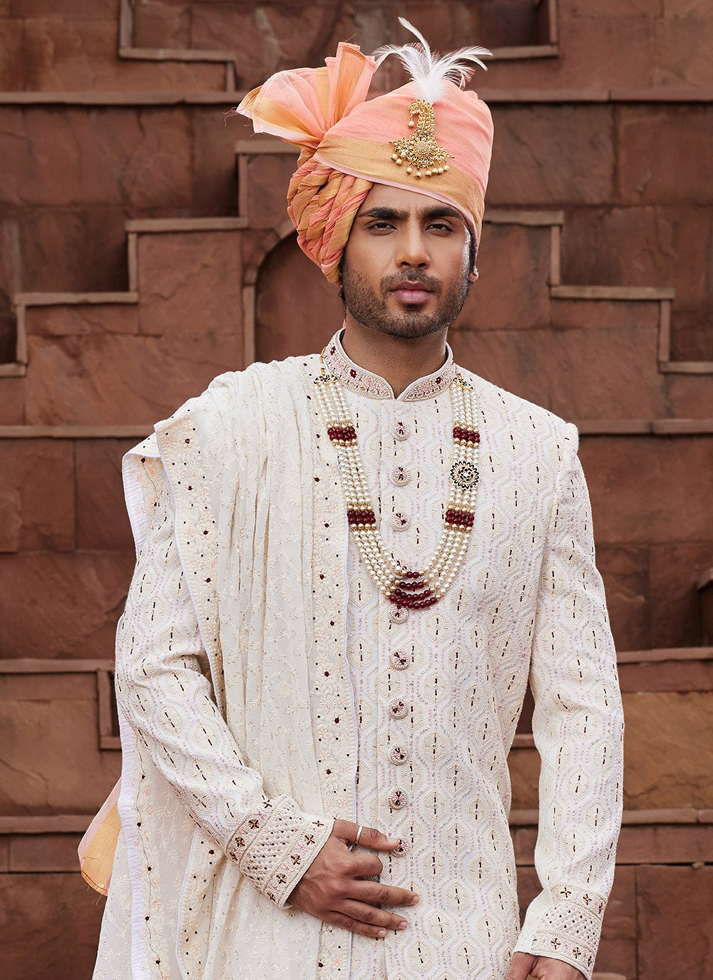 Embroidered Art Silk Cream, Maroon Sherwani - M6507