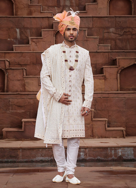 Embroidered Art Silk Cream, Maroon Sherwani - M6507