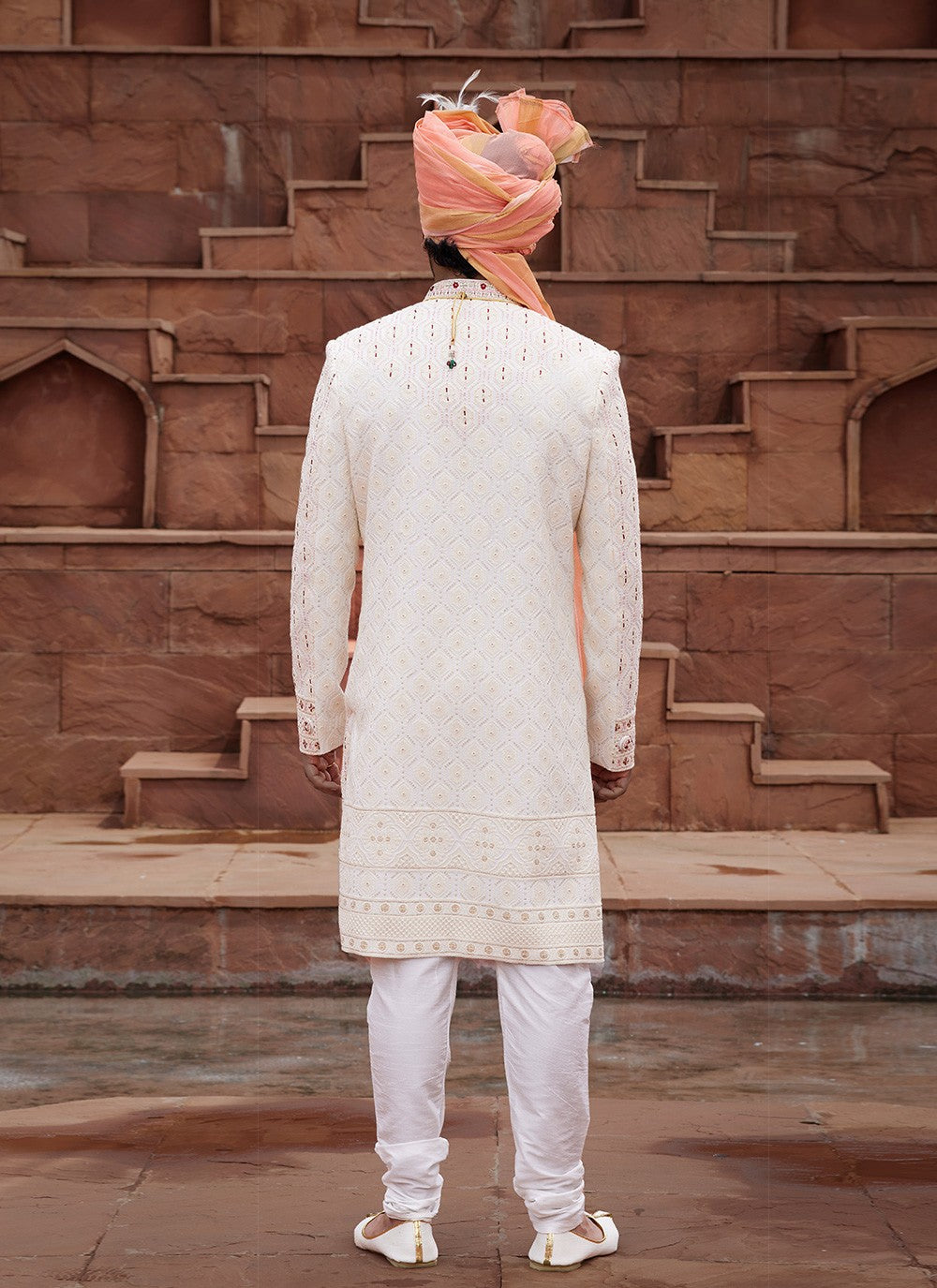 Embroidered Art Silk Cream, Maroon Sherwani - M6507