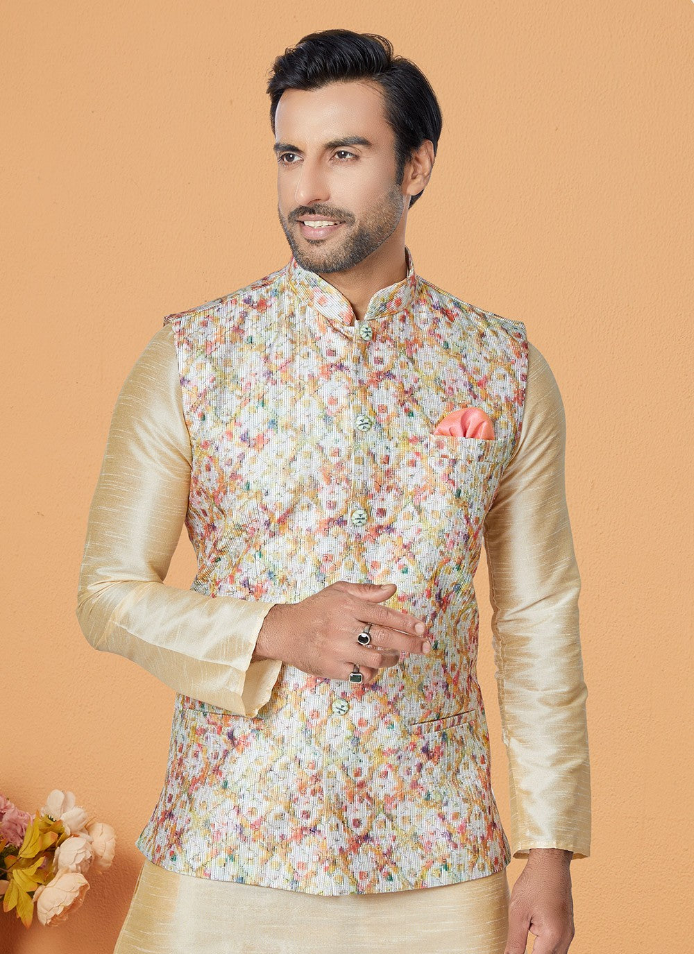 Embroidered Banarasi Silk, Polyester Cream, Multi Colour Kurta Payjama With Jacket - M5540