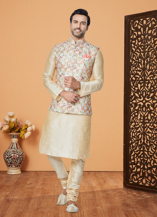 Embroidered Banarasi Silk, Polyester Cream, Multi Colour Kurta Payjama With Jacket - M5540