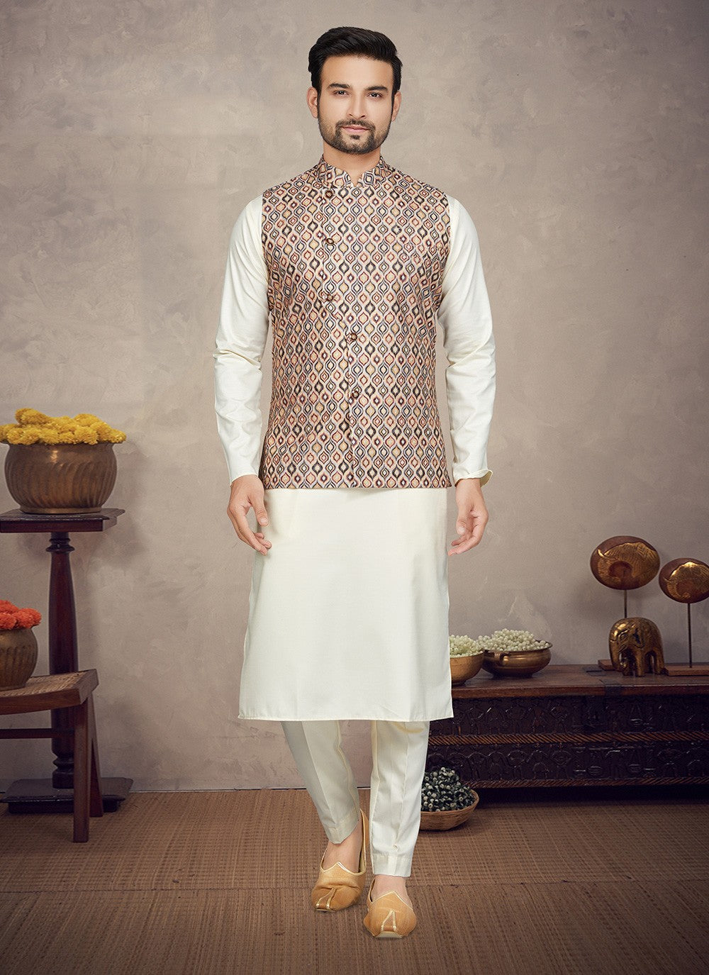 Digital Print Cotton Cream, Multi Colour Kurta Payjama With Jacket - M5839