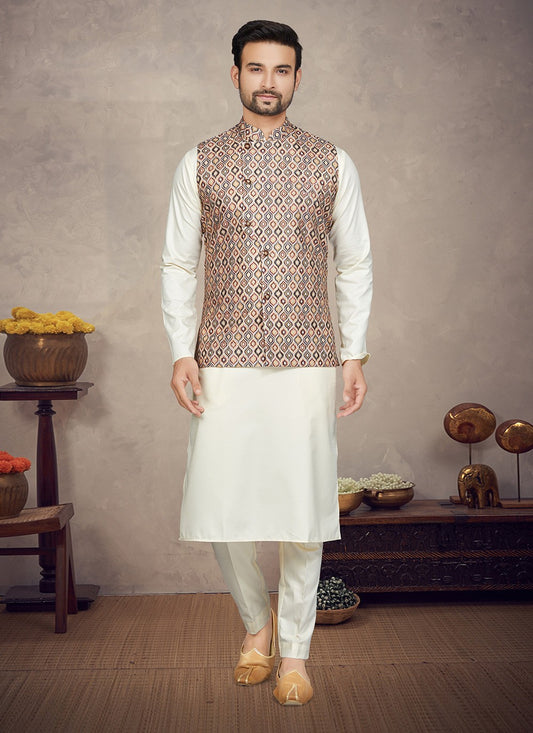 Digital Print Cotton Cream, Multi Colour Kurta Payjama With Jacket - M5839
