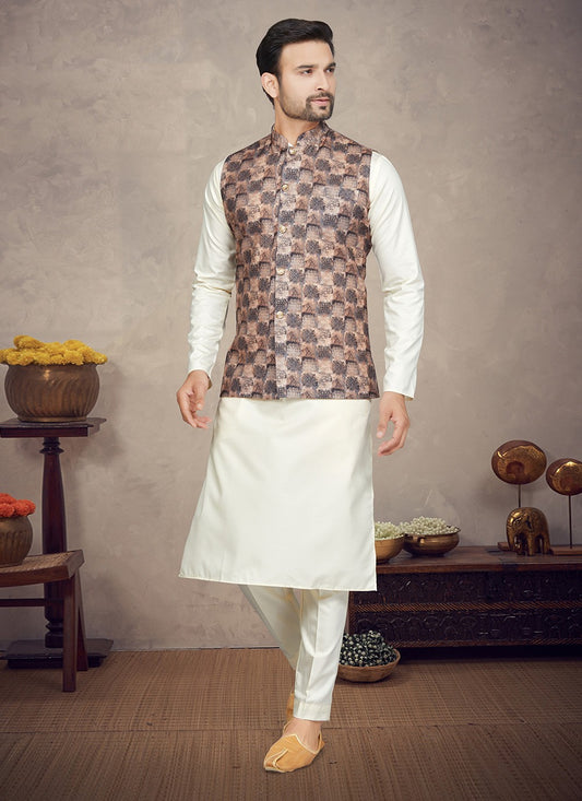 Digital Print Cotton Cream, Multi Colour Kurta Payjama With Jacket - M5845