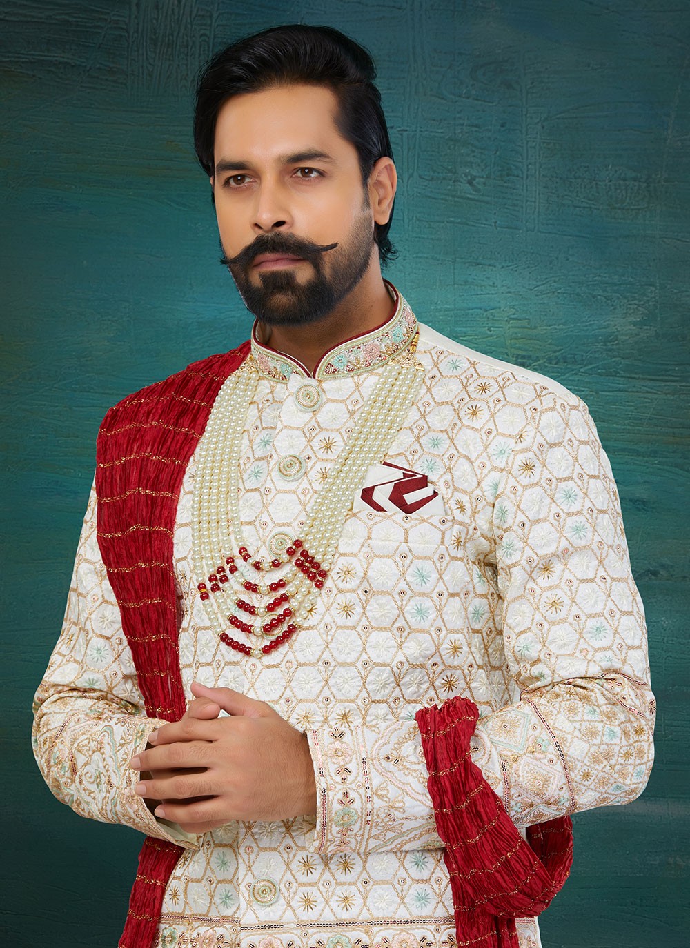 Chikankari Work Lucknowi Cream, Multi Colour Indo Western Sherwani - M5818