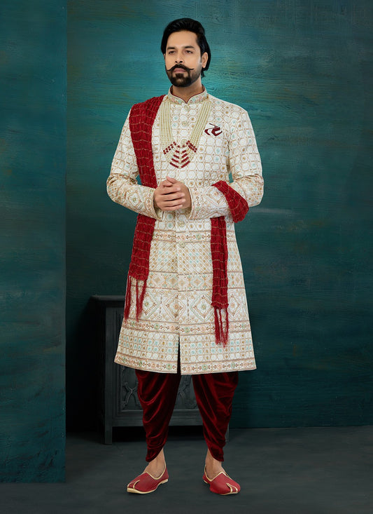 Chikankari Work Lucknowi Cream, Multi Colour Indo Western Sherwani - M5818