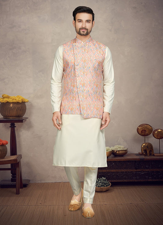 Digital Print Cotton Cream, Multi Colour Kurta Payjama With Jacket - M5844