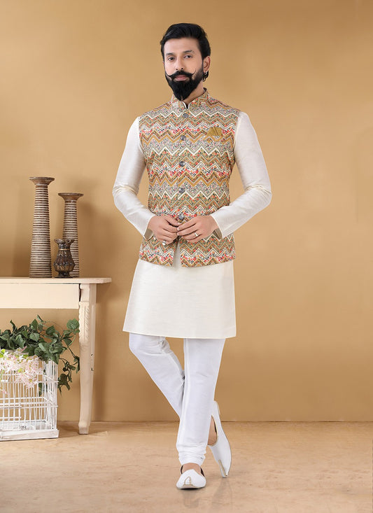 Printed Cotton Cream, Multi Colour Kurta Payjama With Jacket - M3140