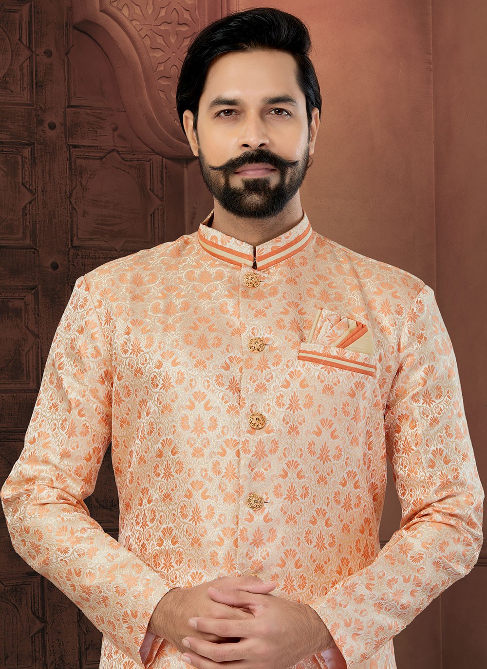 Fancy Work Banarasi Jacquard Cream, Orange Indo Western Sherwani - M5801