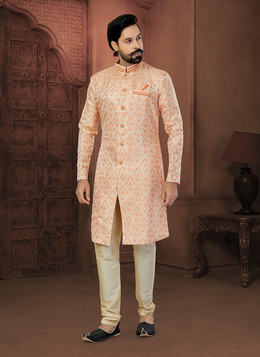 Fancy Work Banarasi Jacquard Cream, Orange Indo Western Sherwani - M5801