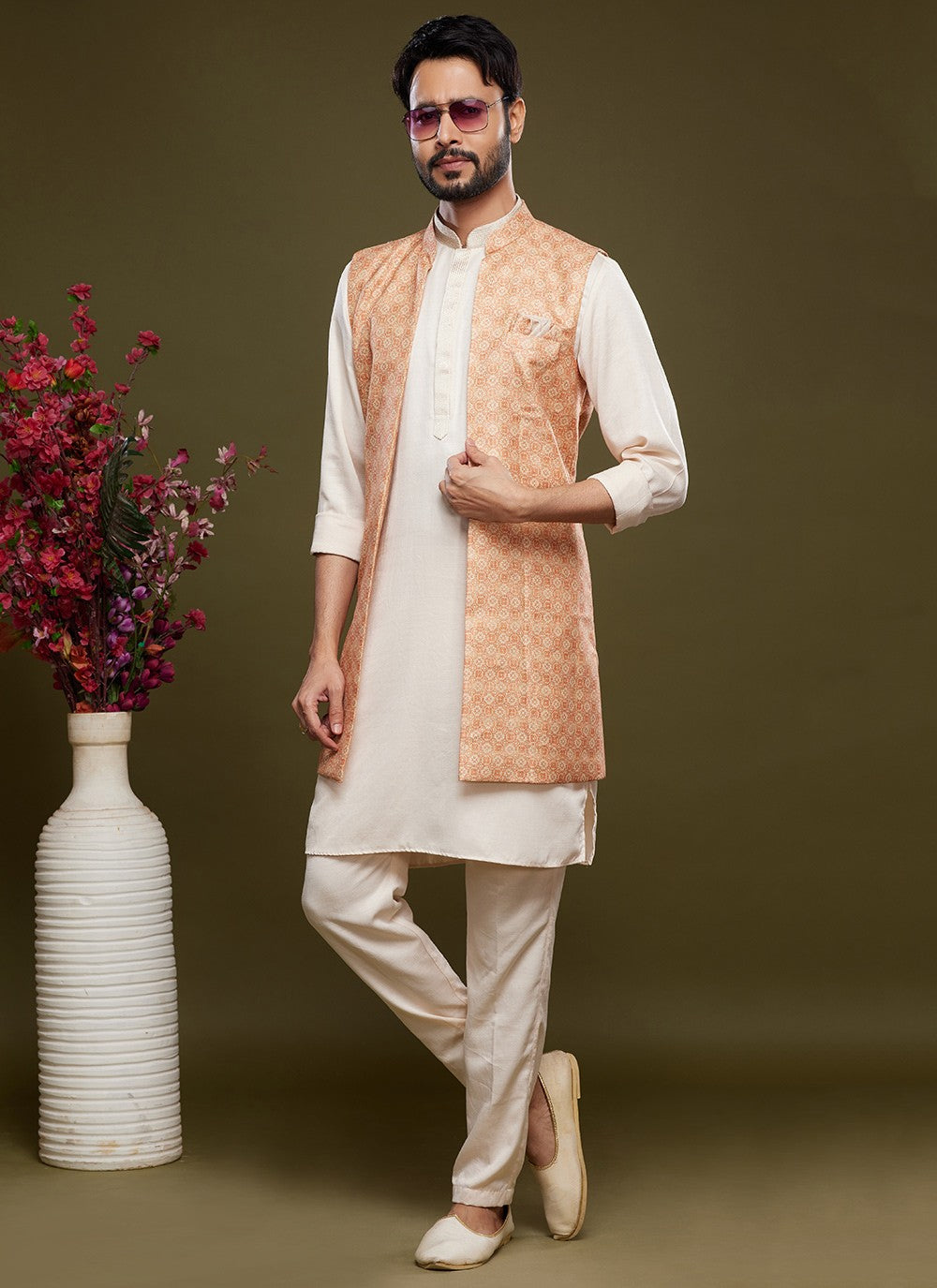 Digital Print Banarasi Silk Cream, Peach Kurta Payjama With Jacket - M6069