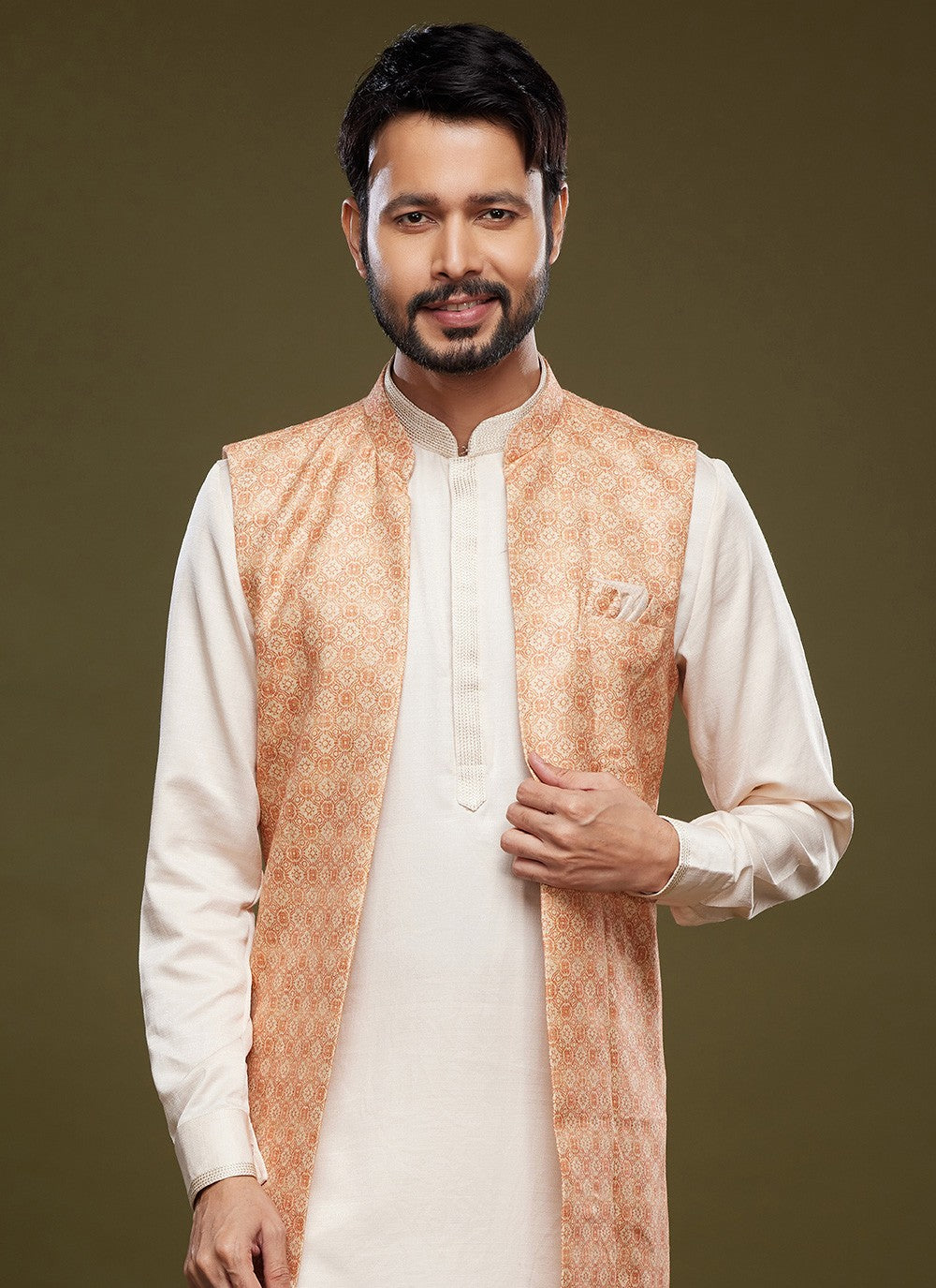 Digital Print Banarasi Silk Cream, Peach Kurta Payjama With Jacket - M6069