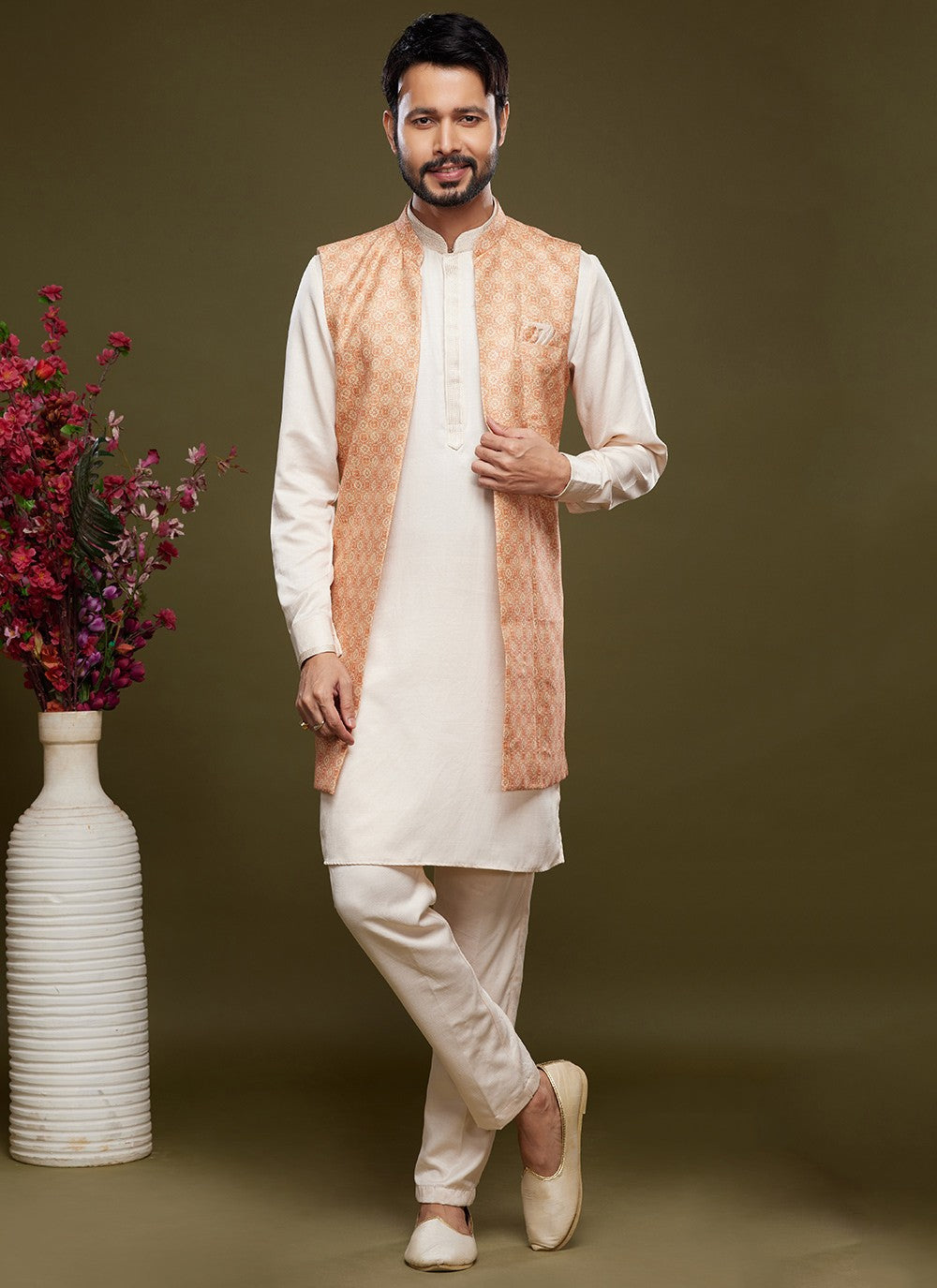 Digital Print Banarasi Silk Cream, Peach Kurta Payjama With Jacket - M6069