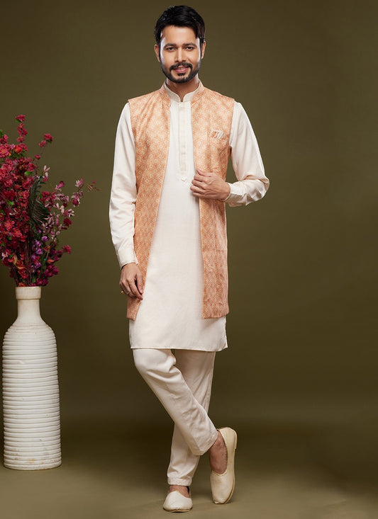 Digital Print Banarasi Silk Cream, Peach Kurta Payjama With Jacket - M6069