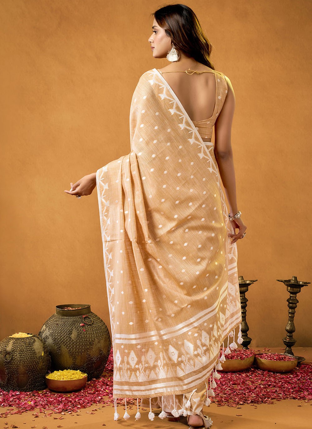 Cream Cotton Traditional Saree Jacquard Work S17207
