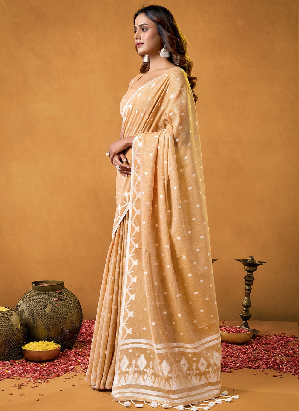 Cream Cotton Traditional Saree Jacquard Work S17207