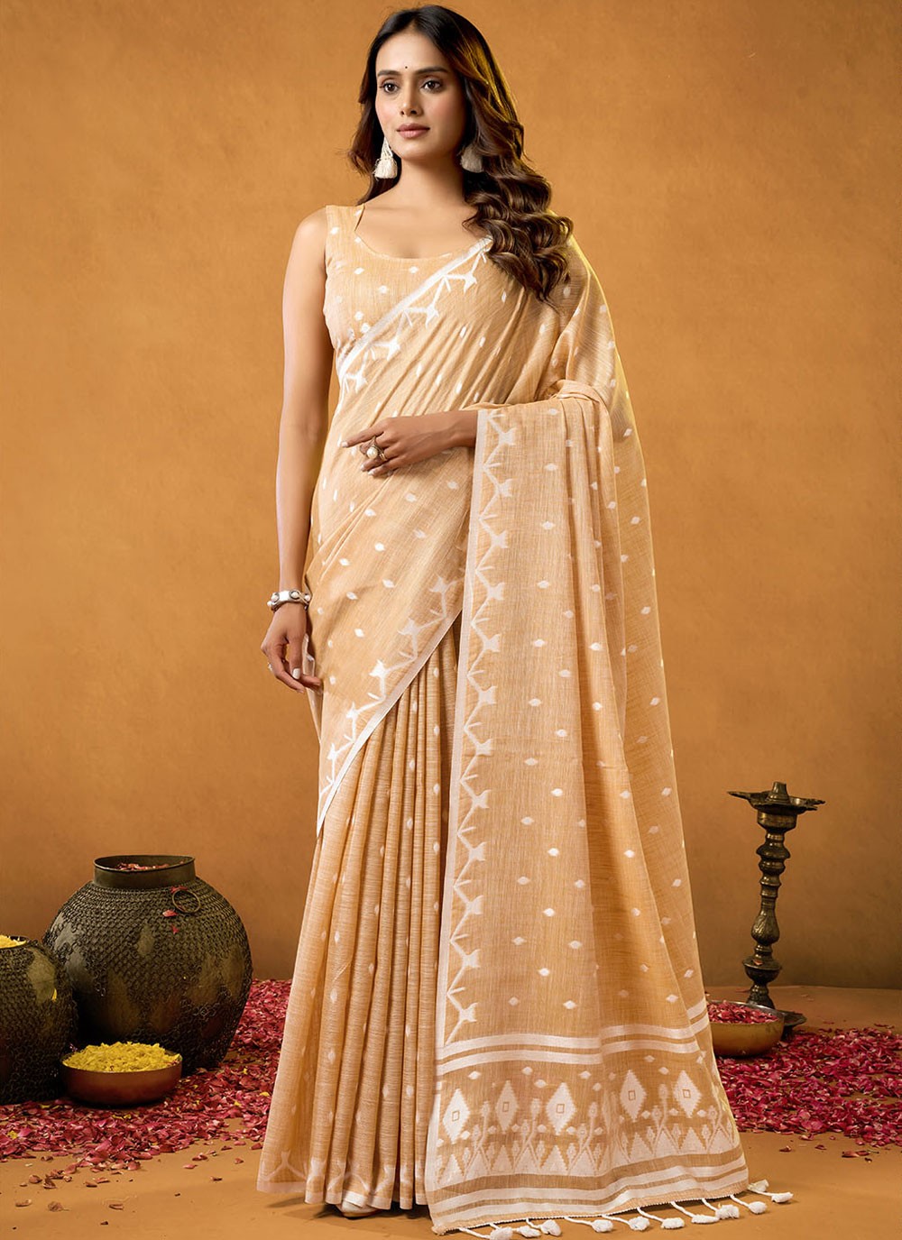 Cream Cotton Traditional Saree Jacquard Work S17207