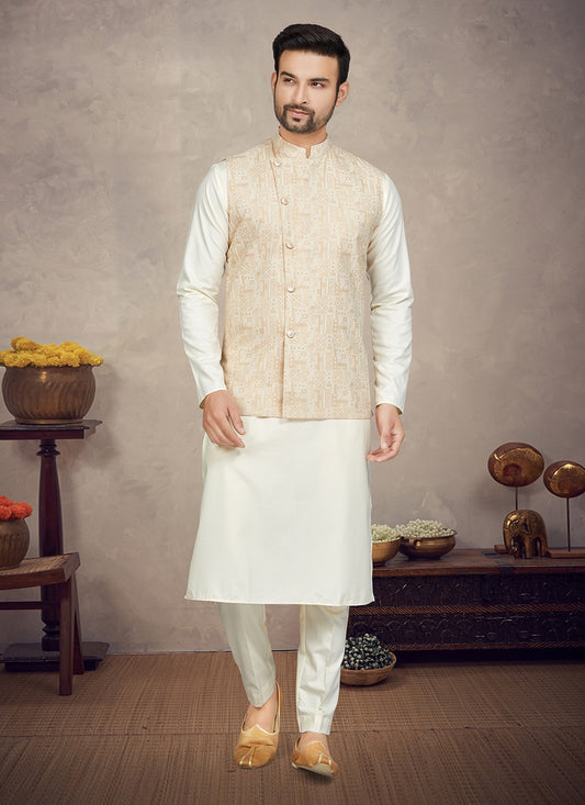 Digital Print Cotton Cream, Peach Kurta Payjama With Jacket - M5840