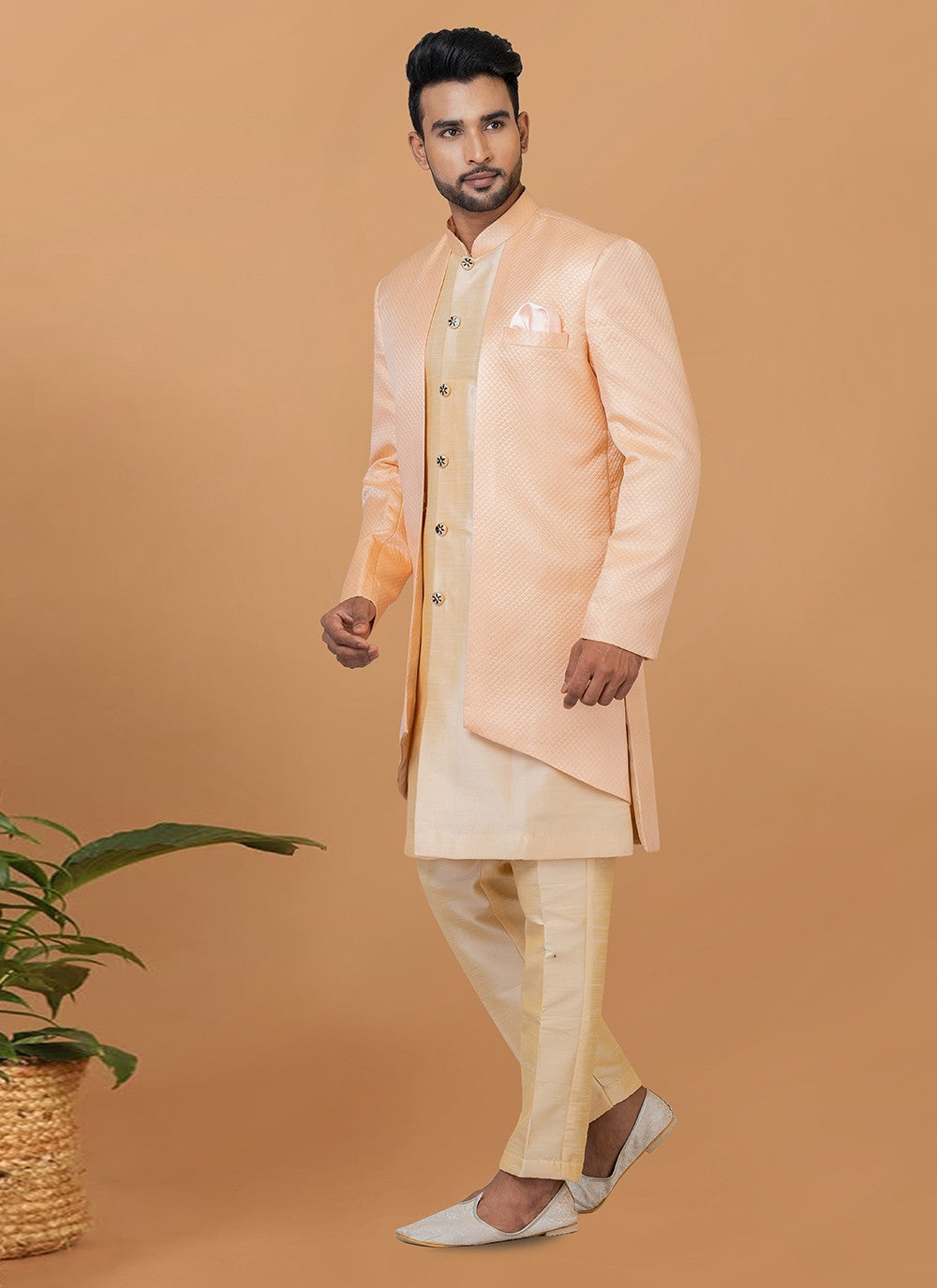 Fancy Work Dupion Silk, Jacquard Silk Cream, Peach Indo Western Sherwani - M5978