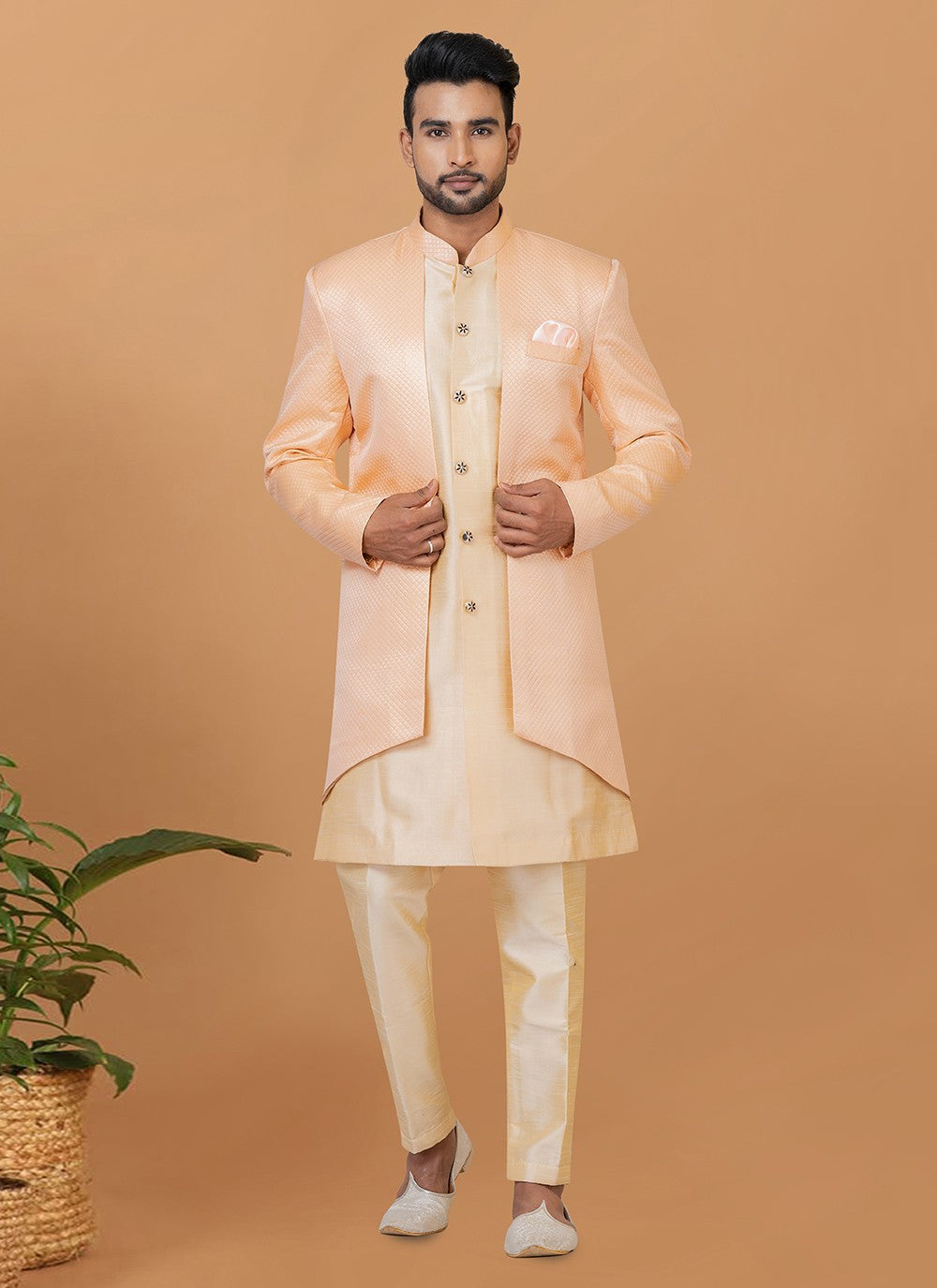 Fancy Work Dupion Silk, Jacquard Silk Cream, Peach Indo Western Sherwani - M5978