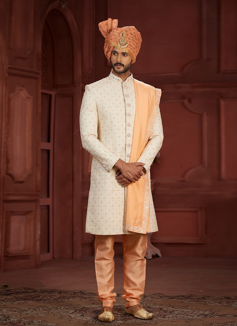 Embroidered Pure Silk Cream, Peach Sherwani - M7384