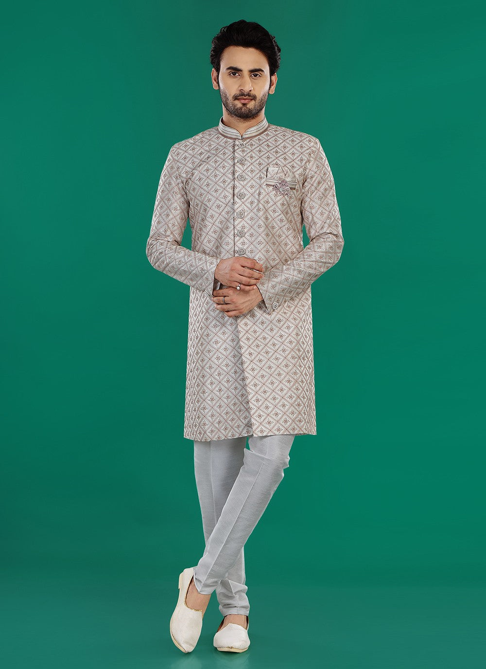 Embroidered Art Silk Cream, Pink Sherwani - M8807