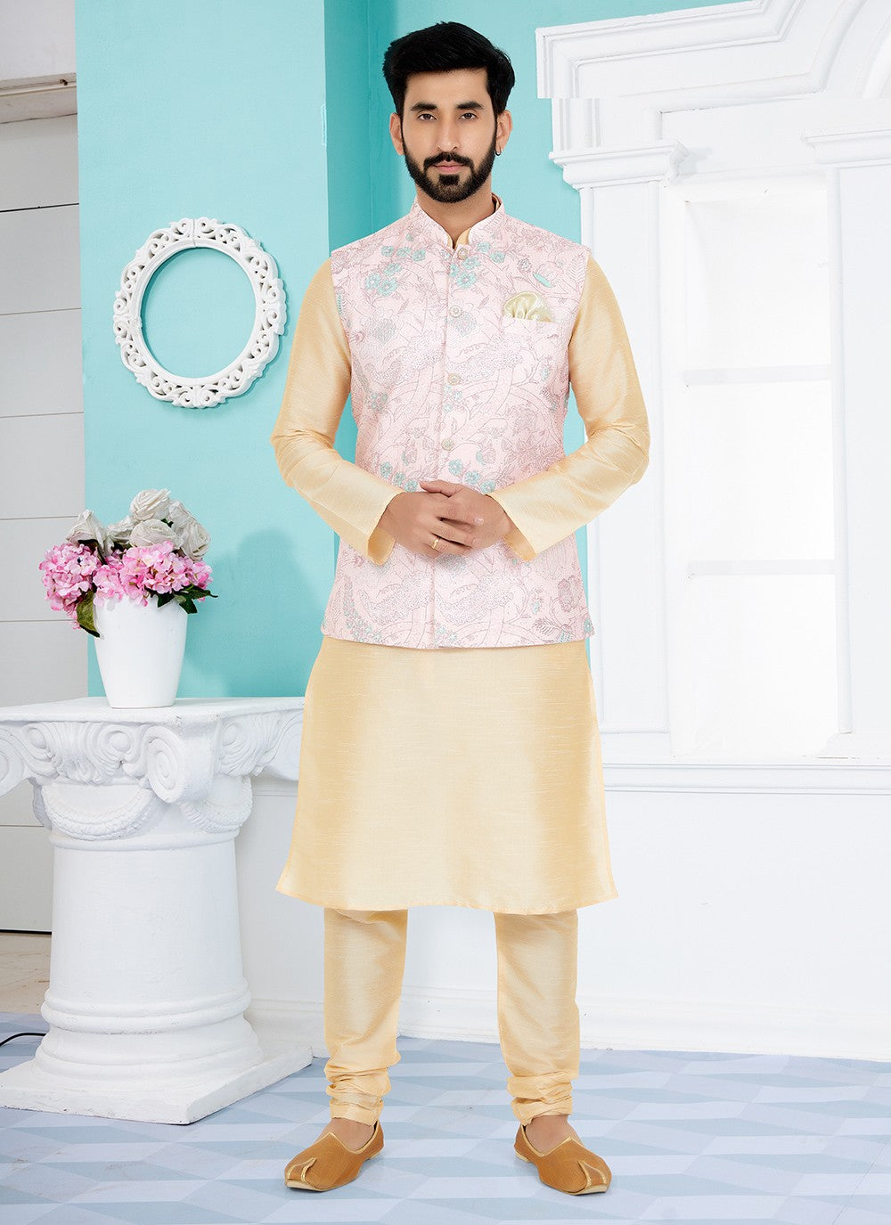 Embroidered Banarasi Silk, Polyester Cream, Pink Kurta Payjama With Jacket - M5538