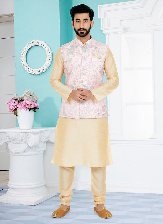 Embroidered Banarasi Silk, Polyester Cream, Pink Kurta Payjama With Jacket - M5538
