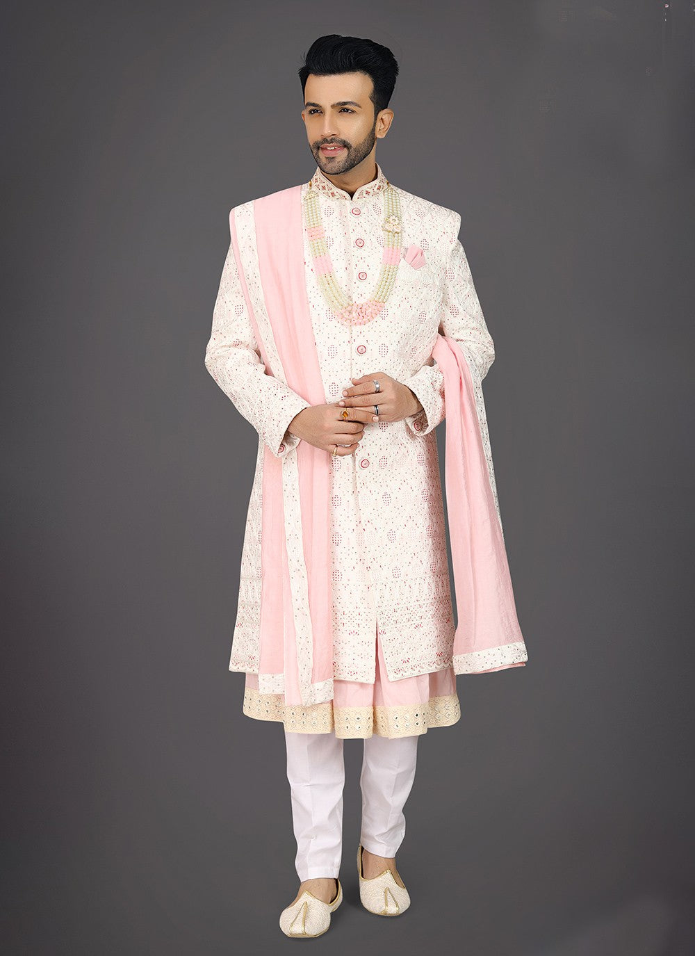 Embroidered Silk Cream, Pink Sherwani - M7964
