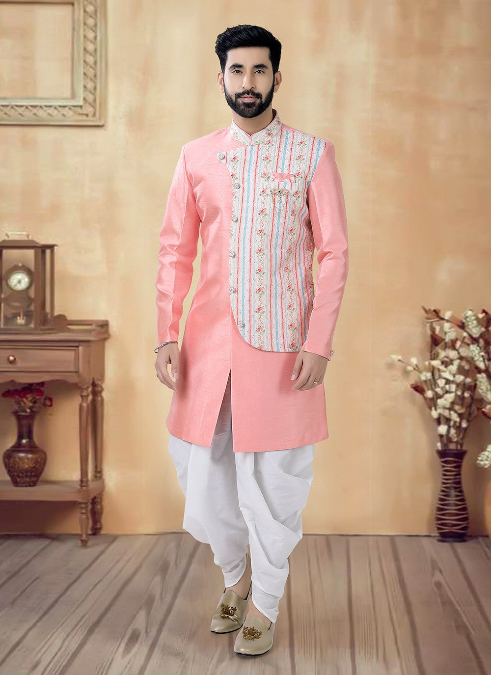 Embroidered Silk Cream, Pink Sherwani - M8518