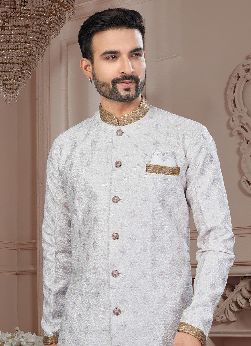 Sequins Jacquard Cream, Purple Indo Western Sherwani - M8610