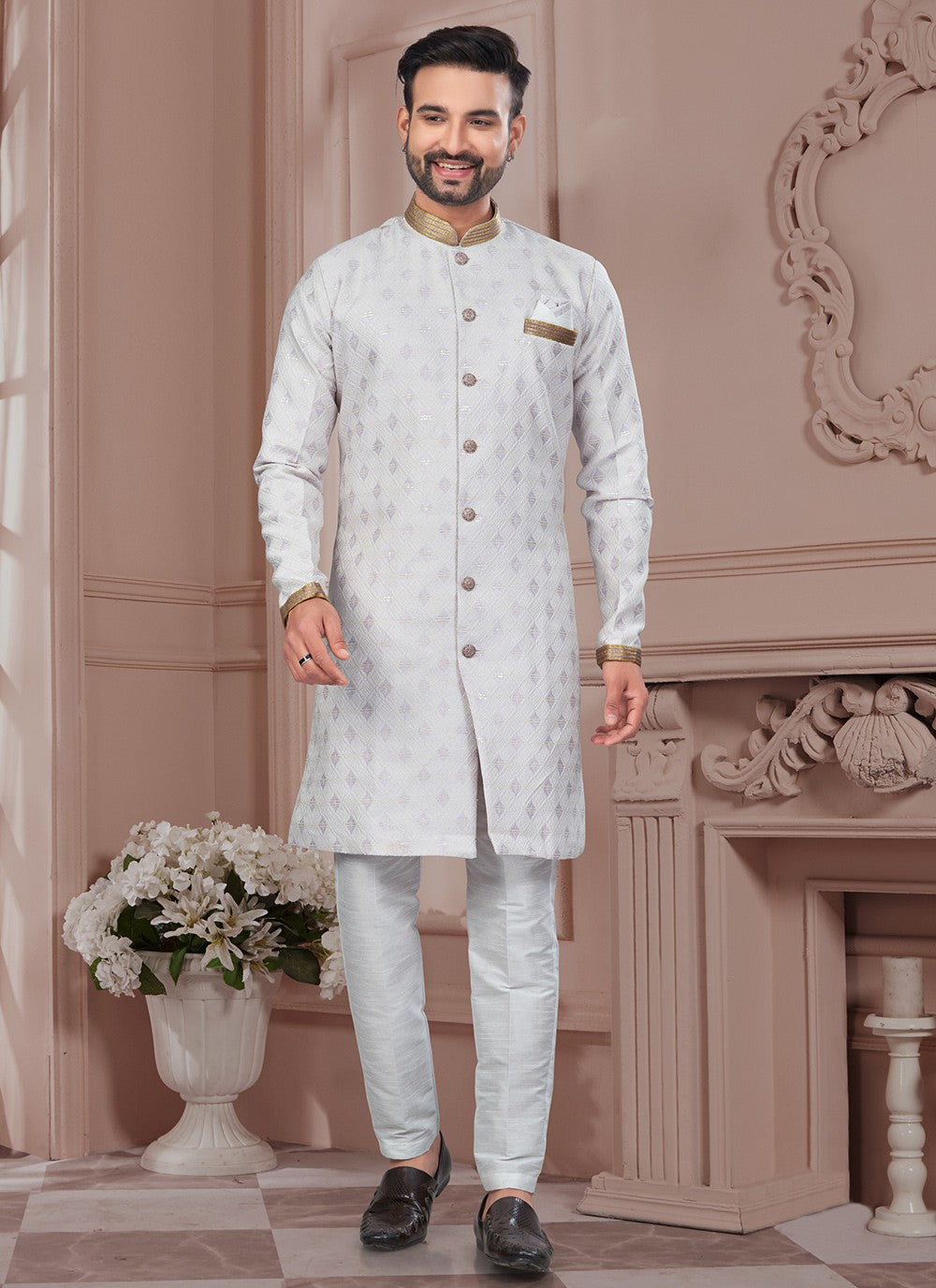 Sequins Jacquard Cream, Purple Indo Western Sherwani - M8610