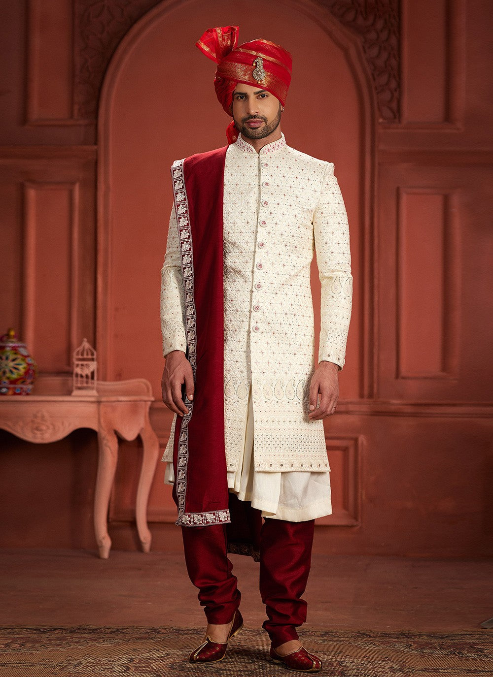 Embroidered Pure Dola, Silk Cream, Hot Pink Sherwani - M7392