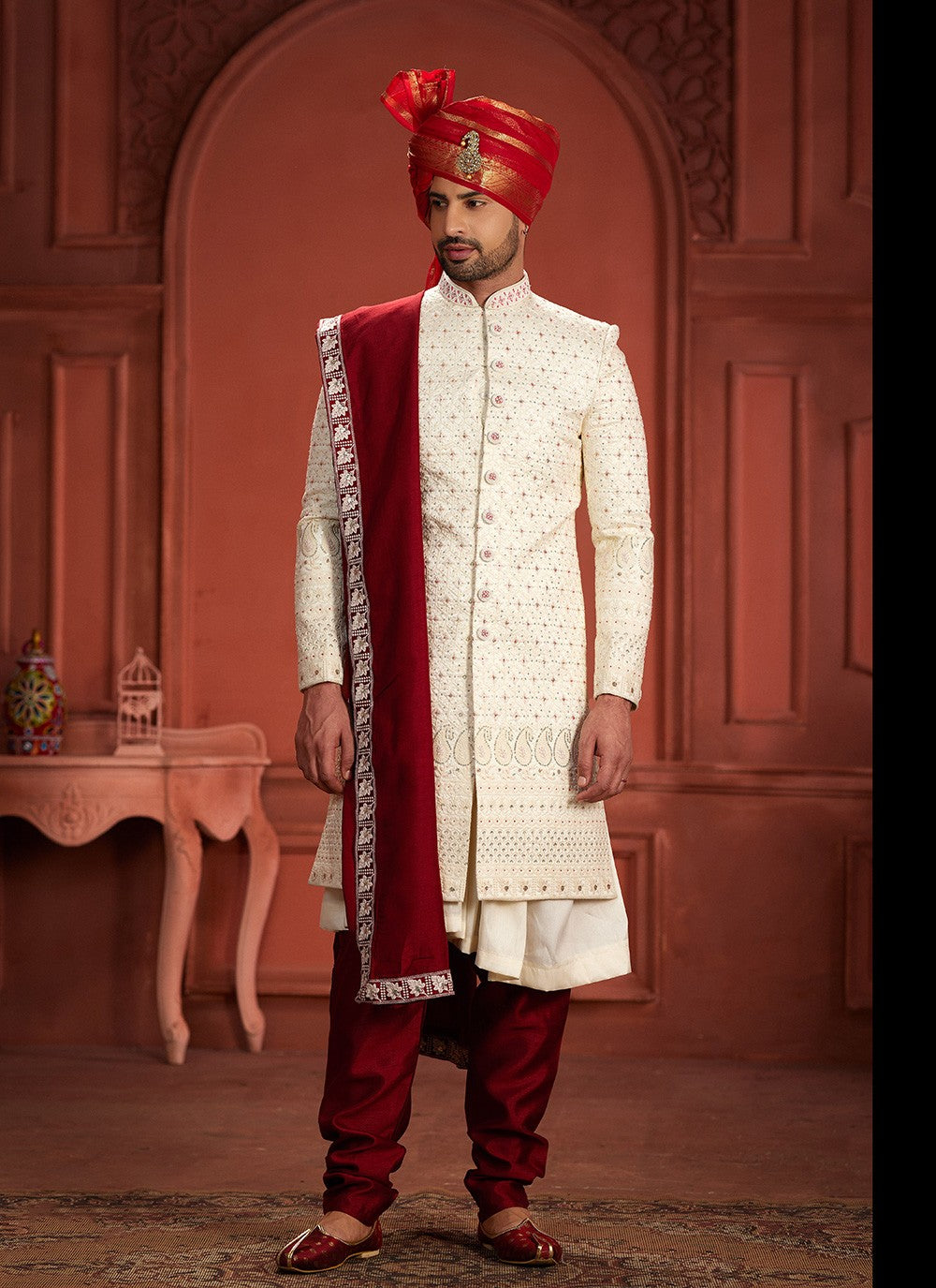 Embroidered Pure Dola, Silk Cream, Hot Pink Sherwani - M7392