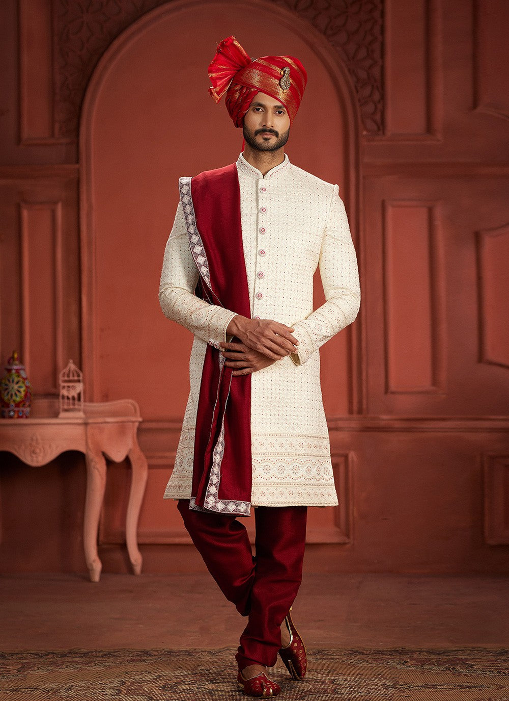 Embroidered Pure Silk Cream, Hot Pink Sherwani - M7391