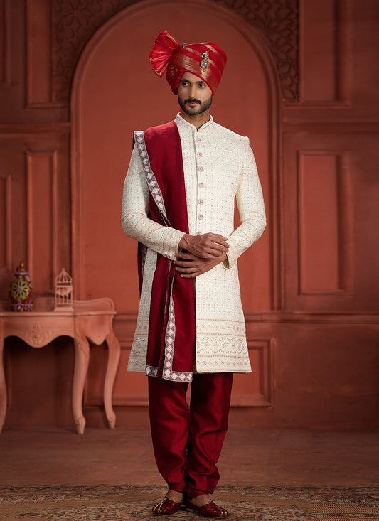 Embroidered Pure Silk Cream, Hot Pink Sherwani - M7391