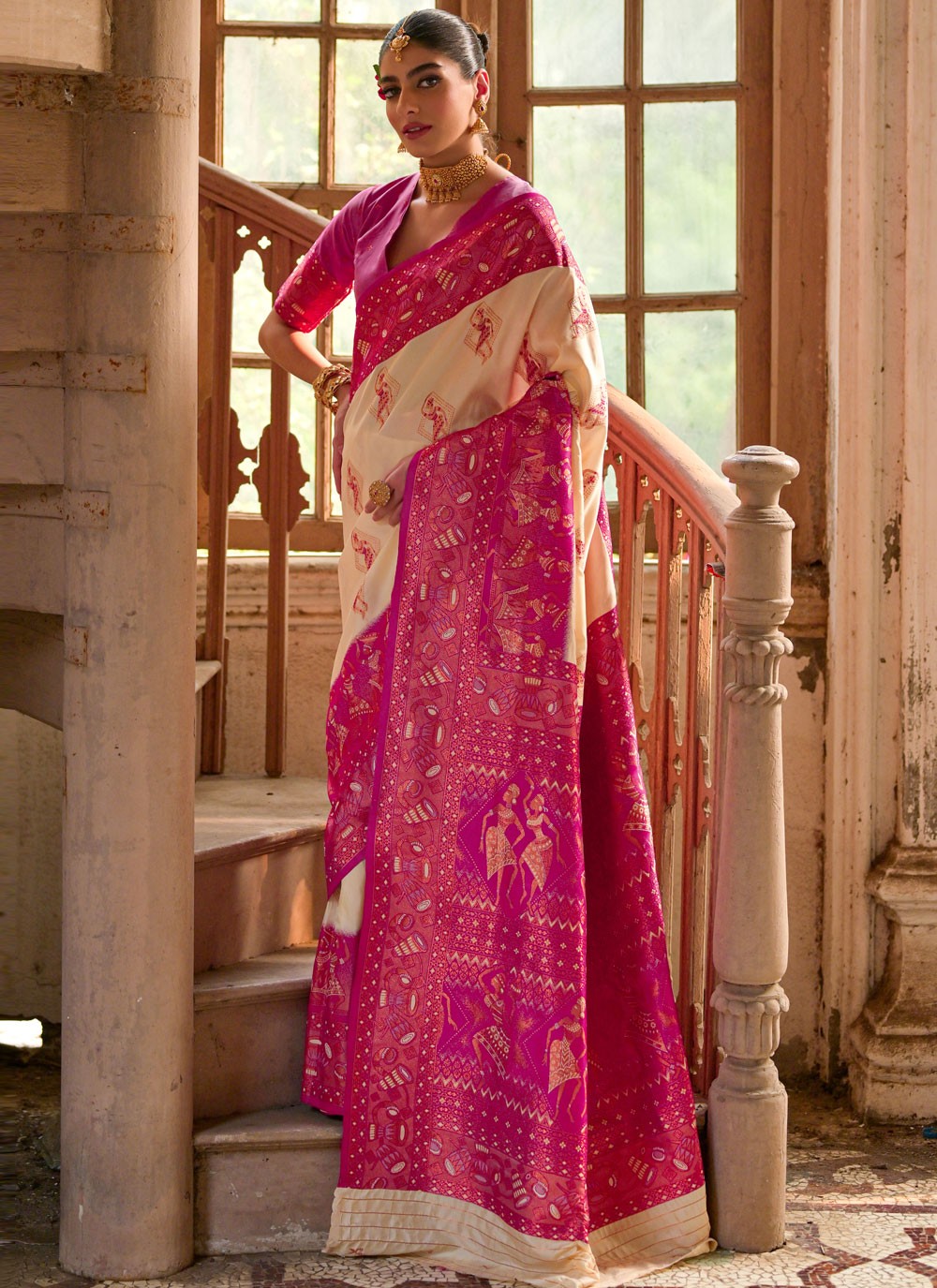 Traditional Woven Cream, Hot Pink Banarasi Silk Saree S13053