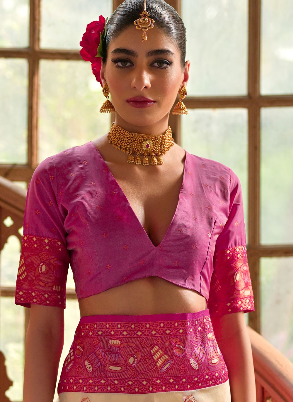 Traditional Woven Cream, Hot Pink Banarasi Silk Saree S13053