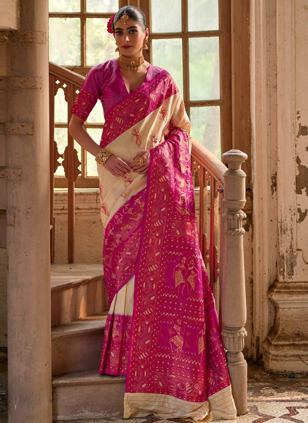 Traditional Woven Cream, Hot Pink Banarasi Silk S13053