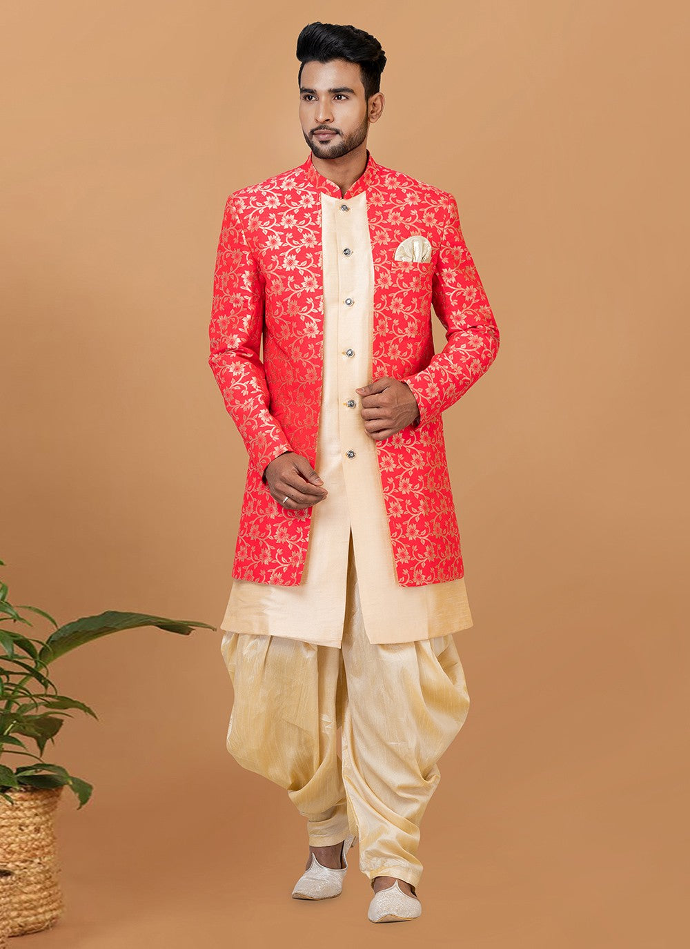 Fancy Work Dupion Silk, Jacquard Silk Cream, Red Indo Western Sherwani - M5982