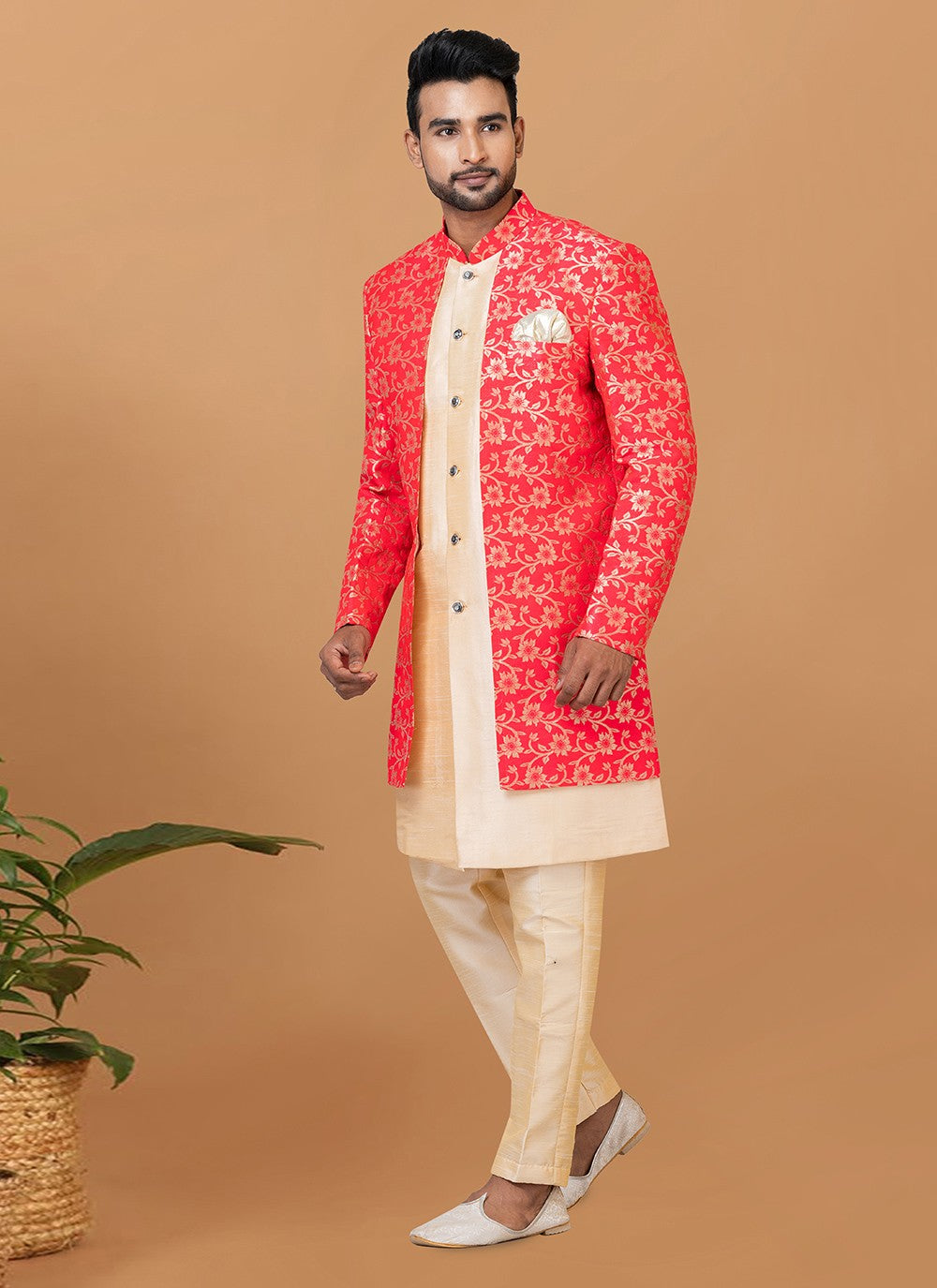 Fancy Work Dupion Silk, Jacquard Silk Cream, Red Indo Western Sherwani - M5980