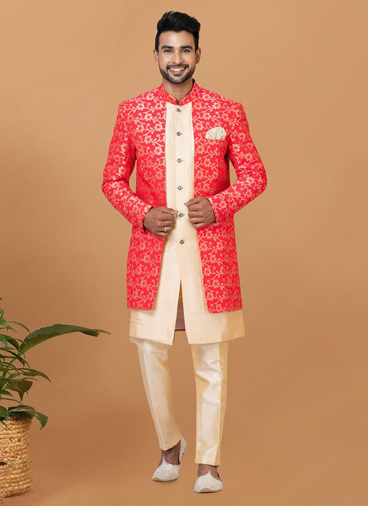 Fancy Work Dupion Silk, Jacquard Silk Cream, Red Indo Western Sherwani - M5980