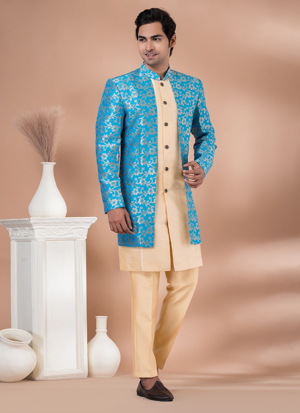 Foliage Prints Dupion Silk, Jacquard Cream, Turquoise Indo Western - M7042